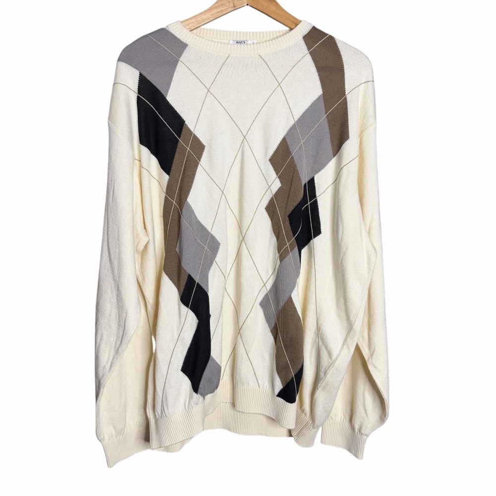 Maus & Hoffman Men's Argyle White Plaid Crewneck Sweater Neutrals Cream Size XL